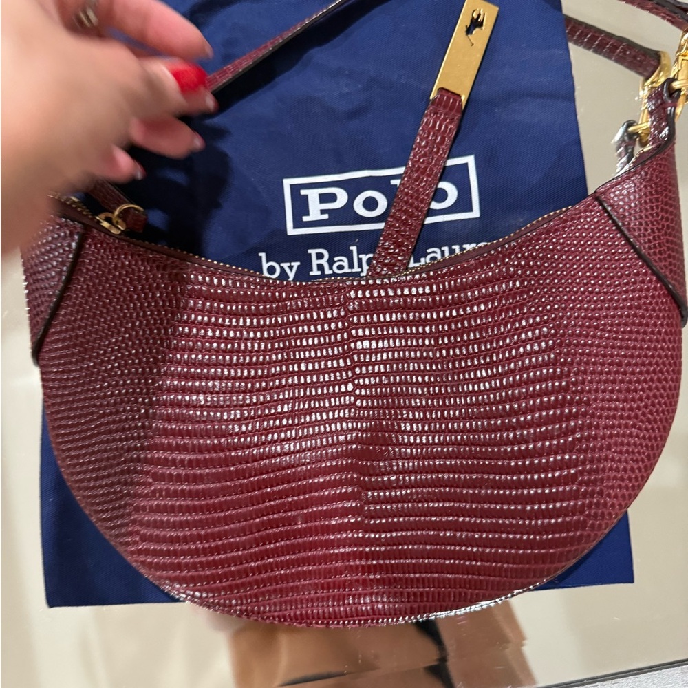 Polo by Ralph Lauren Burgundy Textured Shoulder Bag with Gold Accent - Picture 4 of 4